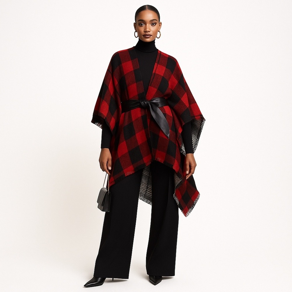 Women's Reversible Tartan Plaid Poncho‎ Multicolor Holiday Festive Cozy
